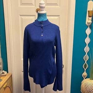 Stylish Blue Button-Up Wrap Sweater with Bell Sleeves